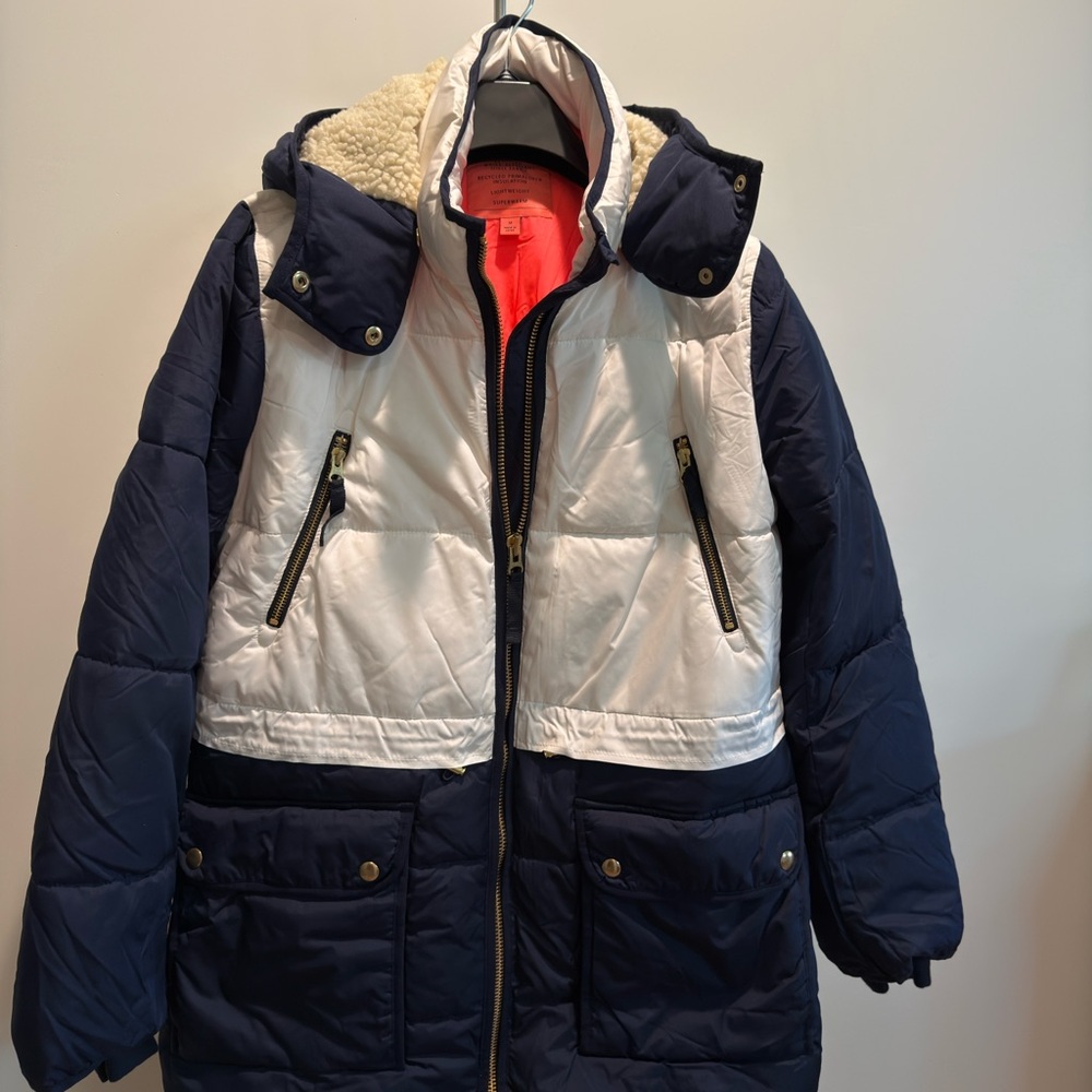 J.Crew Navy Blue & White Colorblock Winter Puffer Jacket